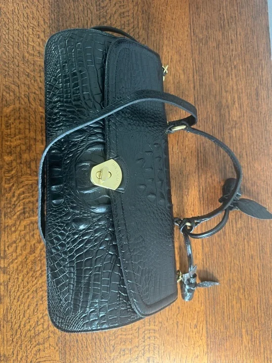 Brahmin Black Croc-Embossed Barrel Bag with Crossbody Strap - Picture 11 of 15